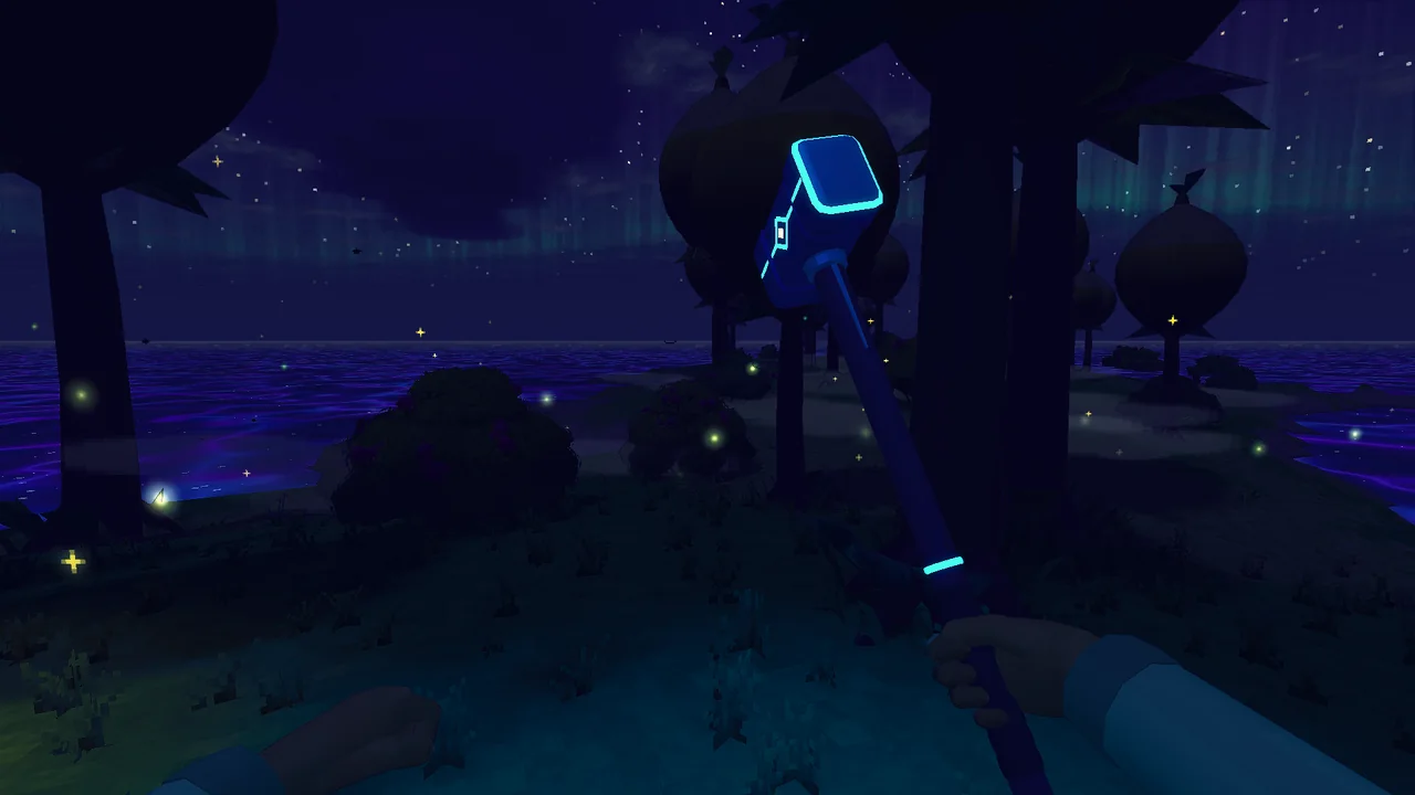 A mythril hammer glowing cyan in the hand at night, the northern lights over the sea.