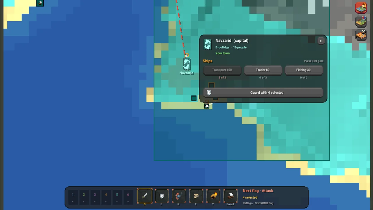The war map's order bar: Transport, Trader and Fishing ship buttons and guards to send.