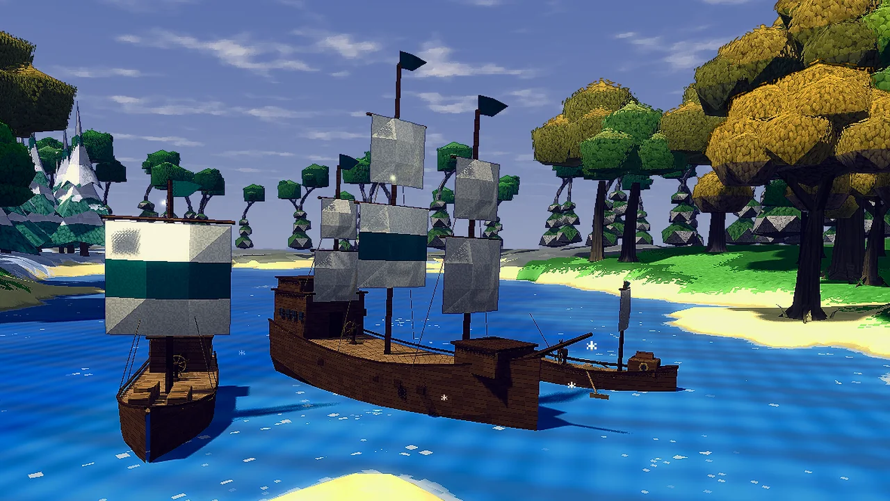 A fishing boat, a transport and a trading ship under sail, moored in a sunny bay.