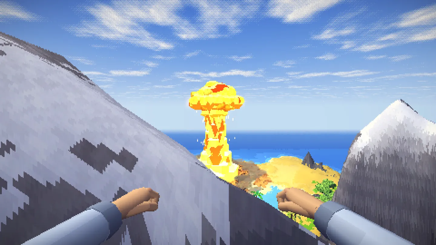 A mushroom cloud rising over a sunny island and sea, seen past a snowy mountainside.