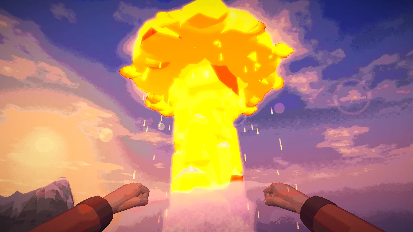An atomic bomb's mushroom cloud rising into a sunset sky, seen from a hillside.