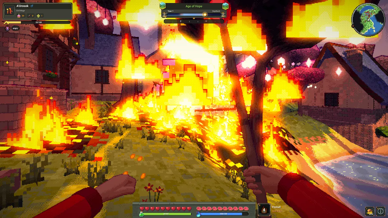 An evil mage's fireball setting a street of houses ablaze.