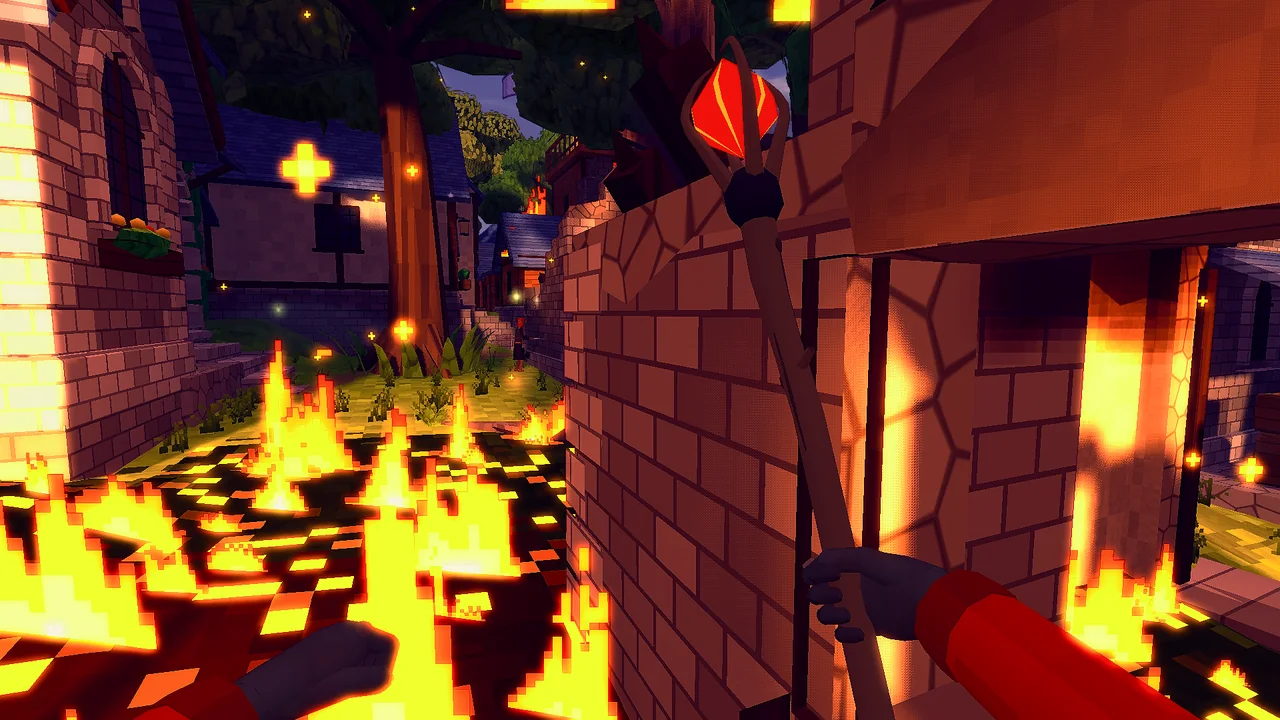 Holding an evil mage's red-gem staff in a street of stone houses, the ground ablaze after a fireball.