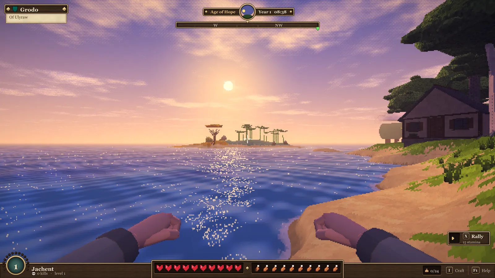 Standing on a sandy shore at golden hour, the sun low over a glittering sea and a distant island.