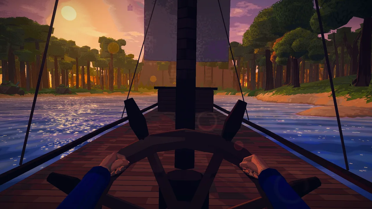 At a ship's wheel on a river at sunset, the sails above and the shore ahead.
