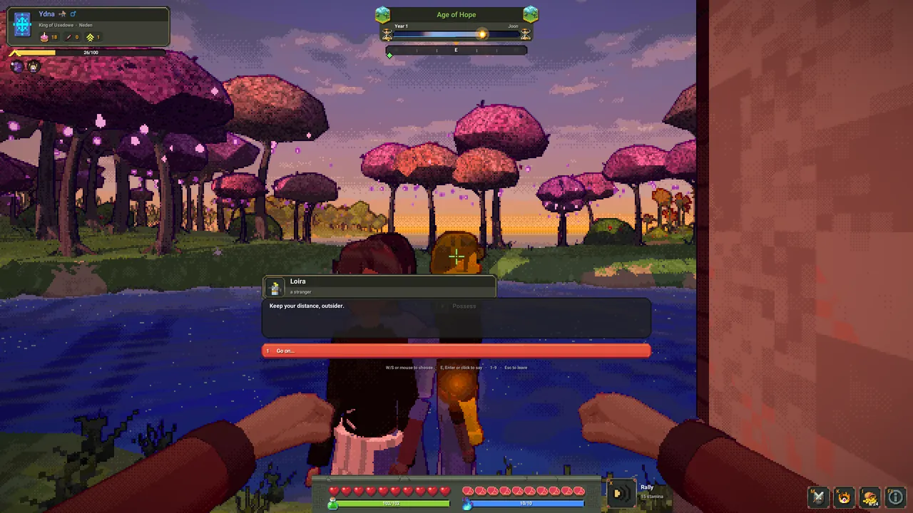 Talking to a villager on a beach at sunset; her reply in a panel: Keep your distance, outsider.