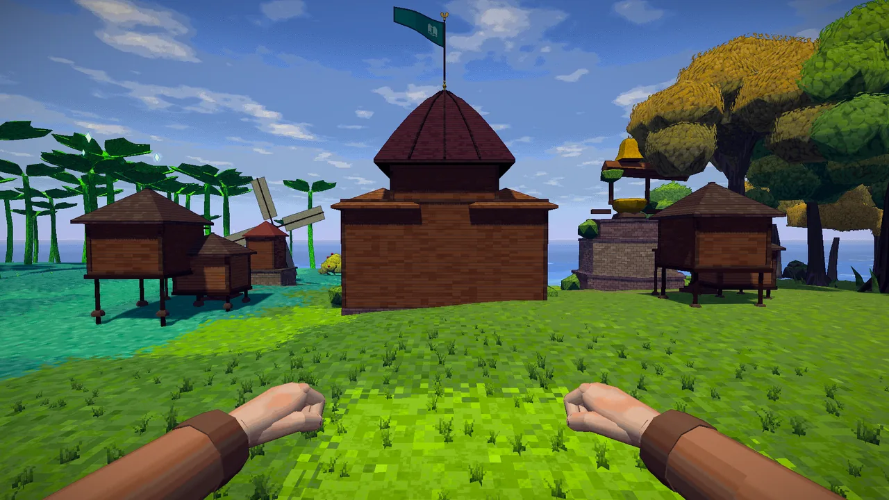 A cat town on open grass: wooden houses on stilts, a windmill, a bell shrine and a timber hall flying a flag.