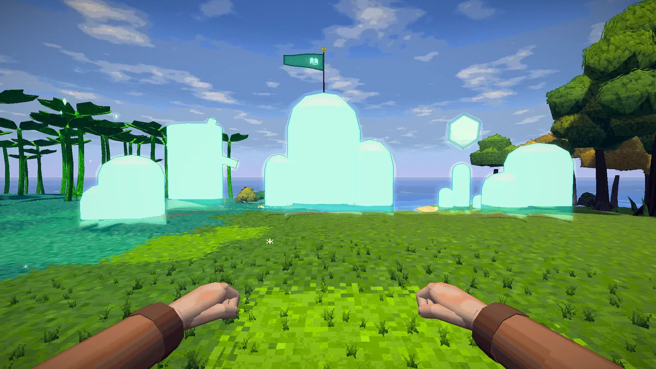 A ghost town of pale, glowing see-through domes and towers, a flag over the hall.