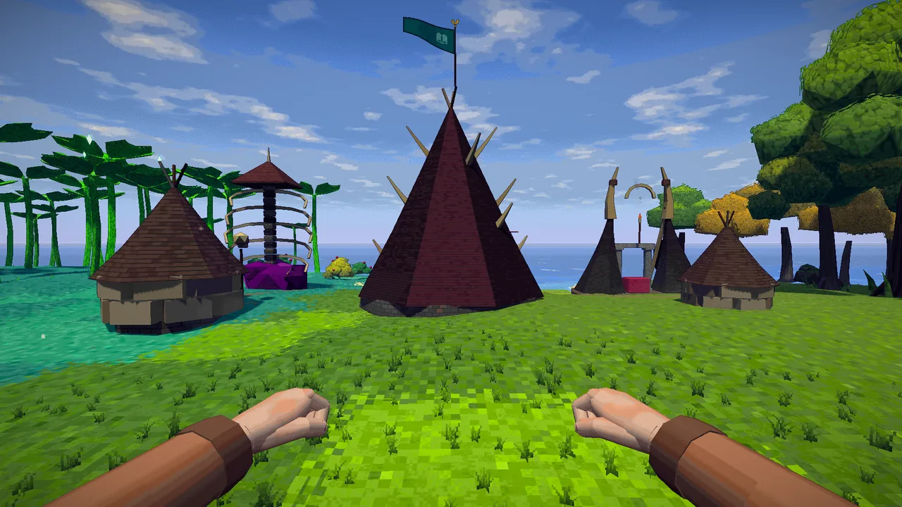 A necromancer town: a tall spiked tent flying a flag, round thatched huts, a ribbed tower and a horned arch.