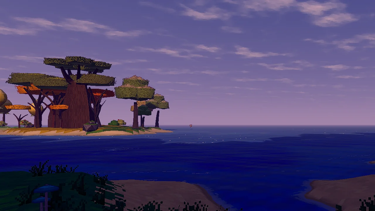 A wolf's low view across a bay to an island of baobab trees, late in the day.