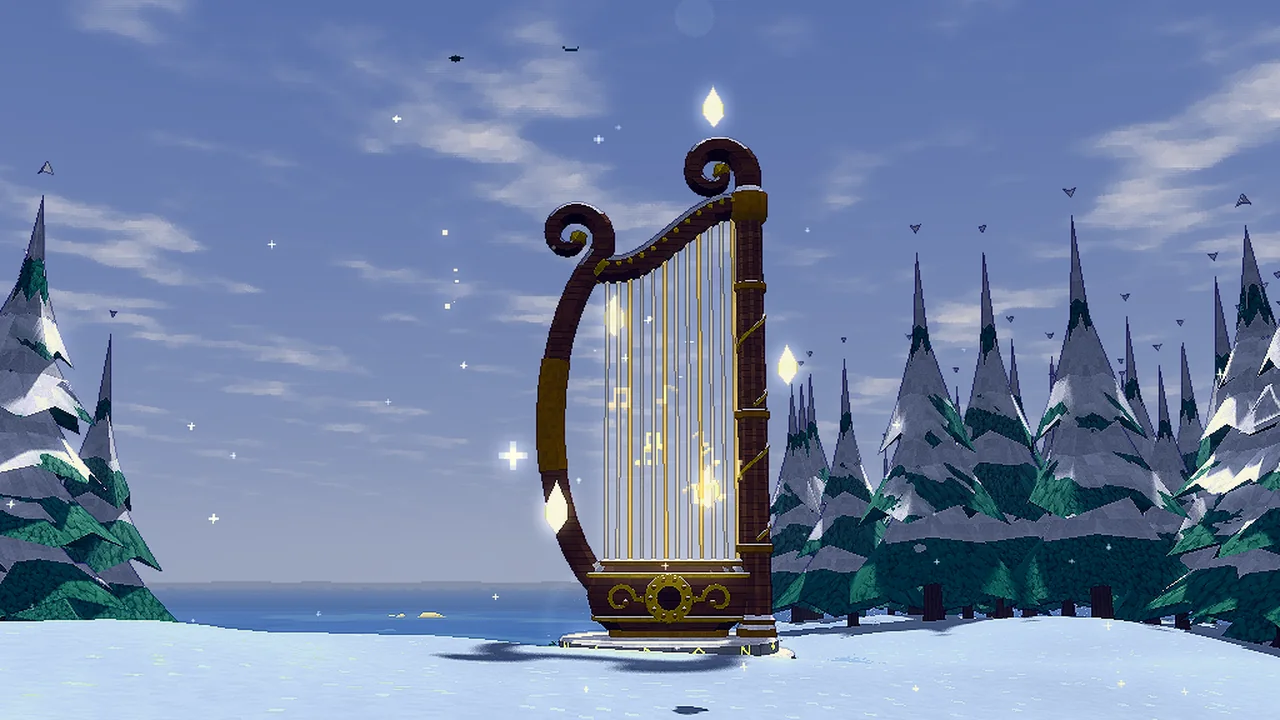 A giant golden-stringed harp on a round dais in the snow among pines, by day.