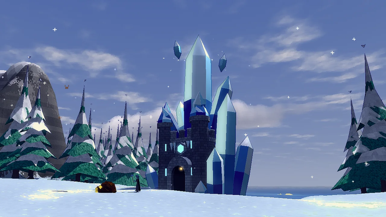 The ice tower: a dark stone keep wrapped in tall blue crystals, standing on snow among pines.