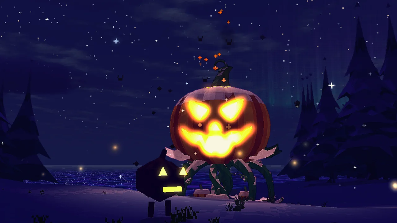 The pumpkin king at night: a giant carved pumpkin with a glowing face on vine legs, a smaller lit pumpkin beside it in the snow.
